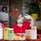 Christmas Treat Snack Cups, 60Pcs Xmas Disposable Ice Cream Paper Cups Merry Christmas Sonwman Santa Elk Bowls Snack Cups For Christmas Party Supplies Decorations(3 Oz)
