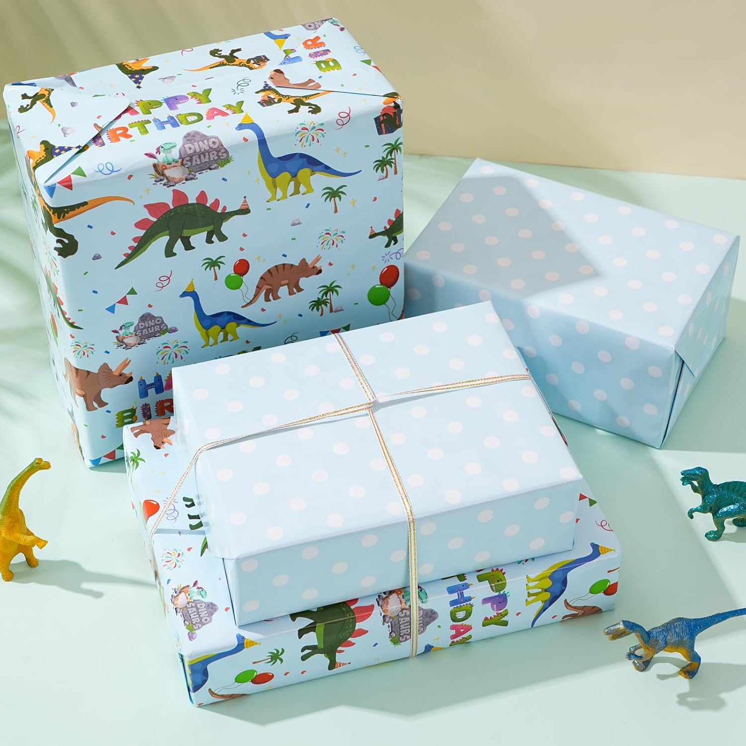 Dinosaur Reversible Wrapping Paper Roll - Boys & Girls Birthday Gift Wrapping Paper - 17 Inch X 33 Feet - Great For Baby Shower, Kids Party - Blue Dinosaur Design With White Polka Dots Back