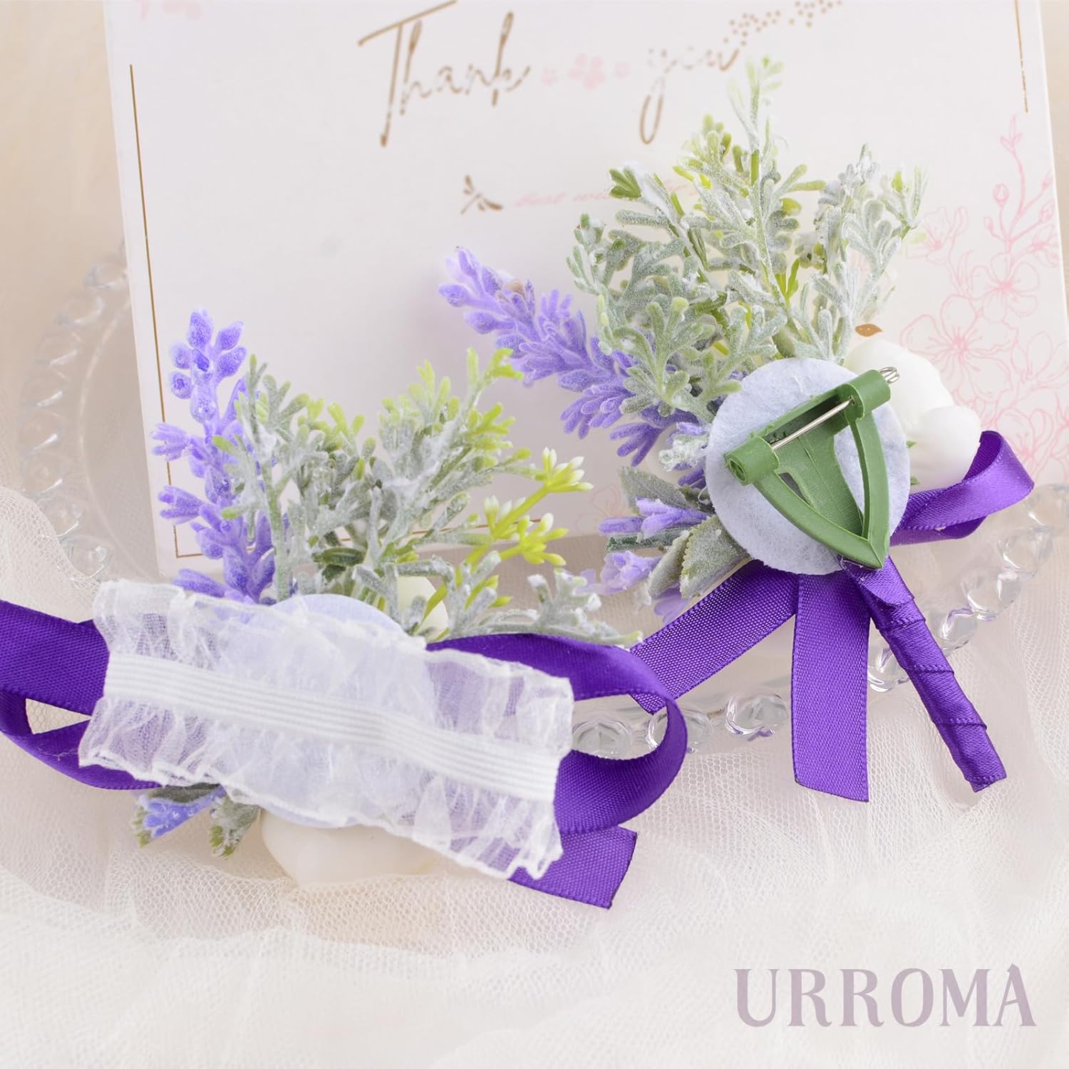 1 Set Wrist Corsage Flower, Artificial Wedding Wrist Corsage And Boutonniere Set Bride Hand Flower Men Boutonniere For Wedding Bridesmaid Party Prom Decorations, Purple Ribbon