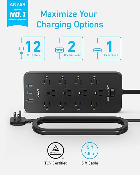 Surge Protector Power Strip 12 Outlets 3 USB Ports USB C PD20W 5FT Flat Extension Cord 2100J