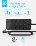 Surge Protector Power Strip 12 Outlets 3 USB Ports USB C PD20W 5FT Flat Extension Cord 2100J