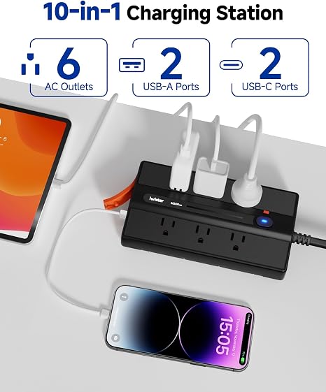 Outdoor Waterproof Power Strip IPX6 6 Outlets 4 USB Ports 5FT Extension Cord Wall Mount
