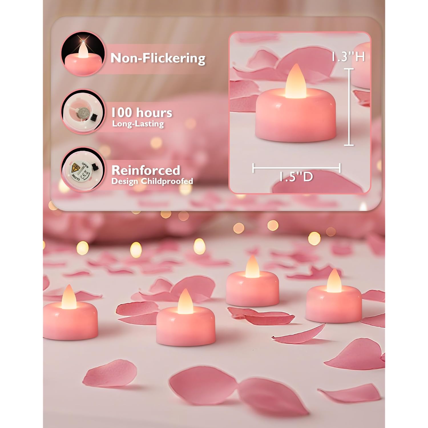 12 Pack Pink Flameless Led Tea Lights Candles Battery Operated, Electric Fake Tealight Candles For Votive, Wedding, Table Centerpiece, Theme Party, Aniversary, Proposal, Christmas, Pink Base