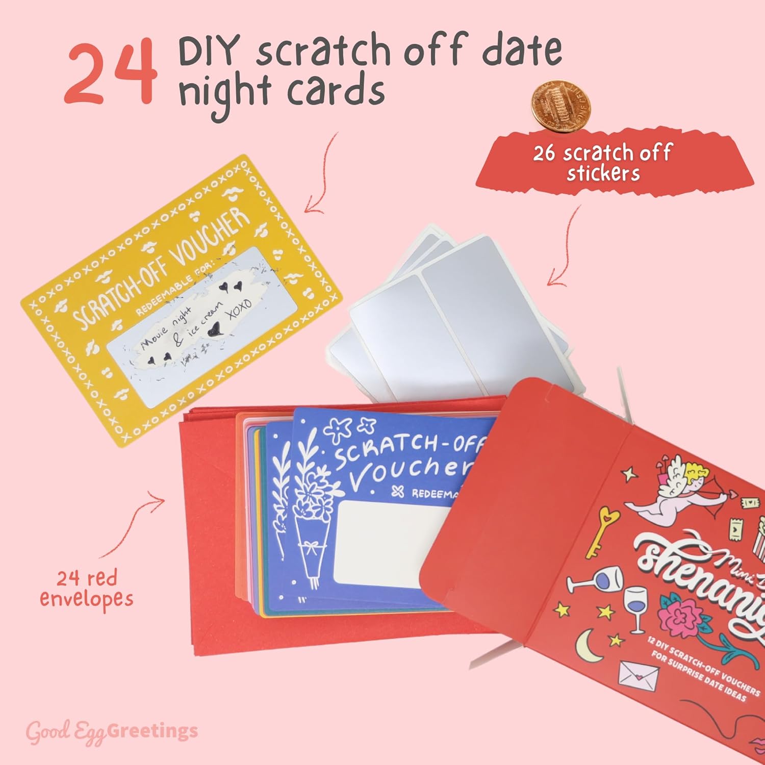 24 Love Coupons For Him - Diy Scratch Off Date Night Ideas With Stickers And Envelopes - Valentine'S Day Gift - Romantic Gifts - 3.15X4.72 Inch Mini Date Night Shenanigans Voucher Cards