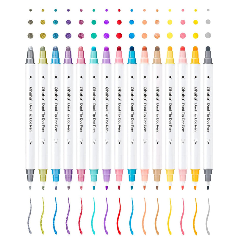 Dot Pens, 15 Colors Dual Tips (Fine & Dot) Dot Pen Markers For Kids Adults, Wa