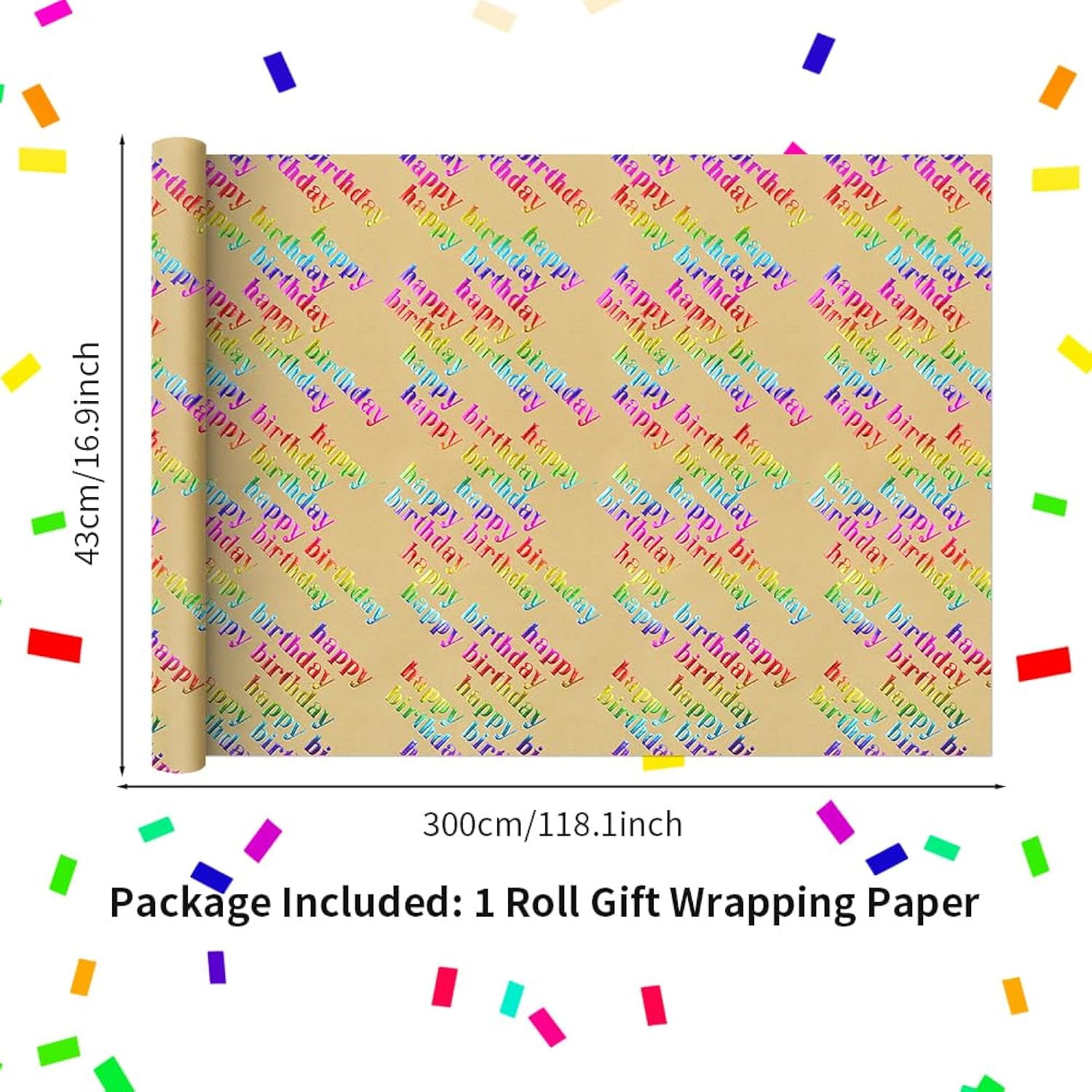 Multi-Colored Foil "Happy Birthday" Lettering On Brown Recyclable Kraft Wrapping Paper -1 Mini Roll 17 X 10 Ft Per Roll 14.1 Sq.Ft.Ttl- Glitter Iridescent Recycled Gift Wrap For Diy Crafts Celebration Party, Holiday, Baby Shower