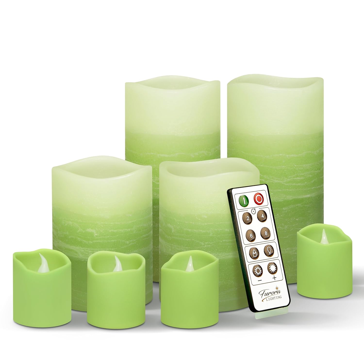 Green Ombre Led Candles With Remote, 4 Pillar And 4 Votives Pack Of 8, Real Wax Flameless Flickering Candles For Home Décor, Battery Operated
