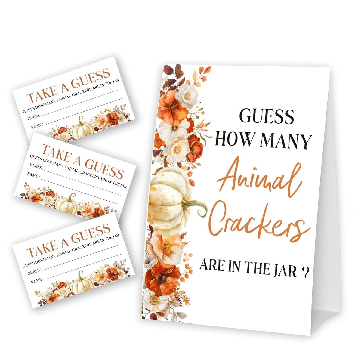 Little Pumpkin Guess How Many Animal Crackers - Thanksgiving Baby Shower Card Set (1 Sign With 50 Guess Cards), Fall Gender Reveal Party Favor Supplies -A11