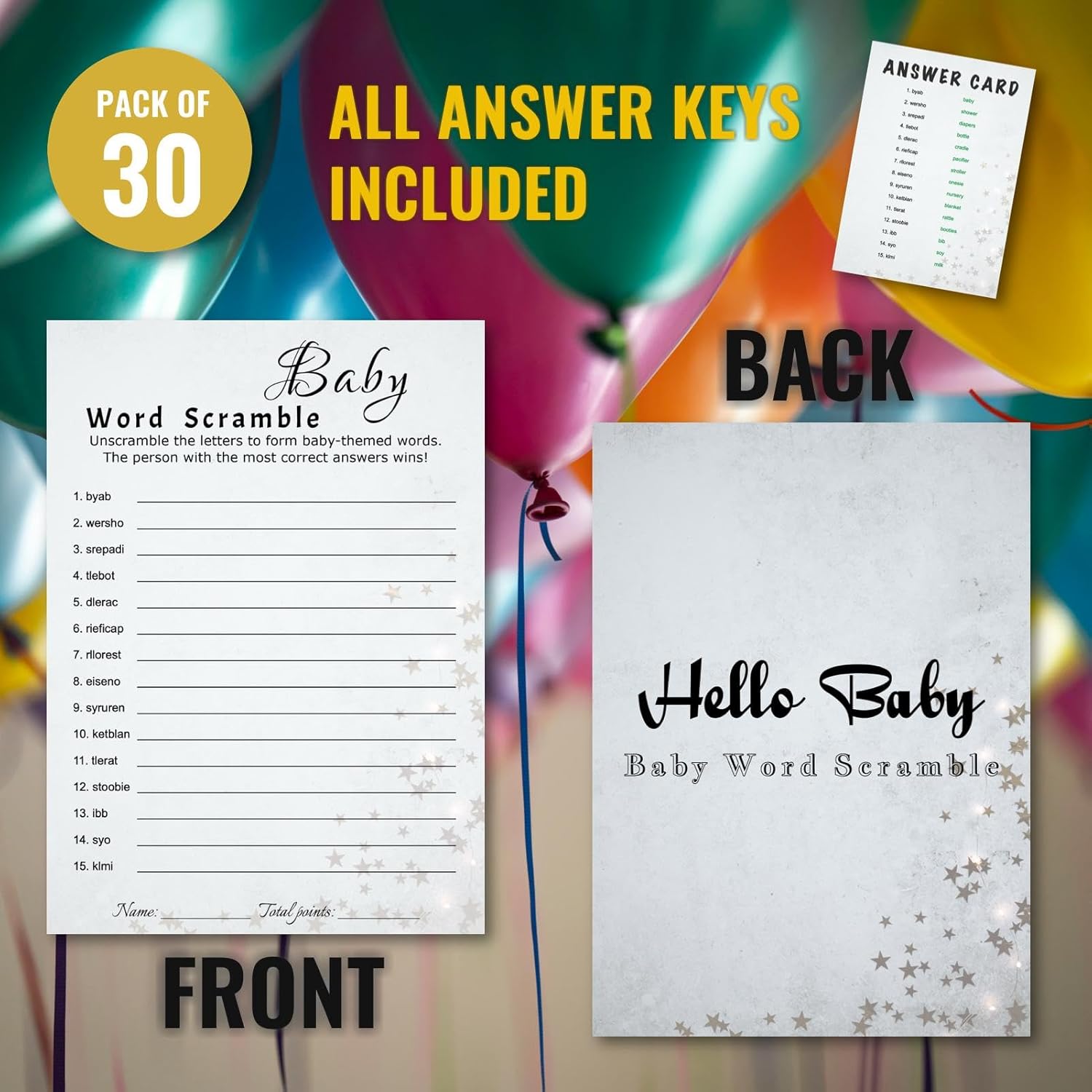 Baby Shower Word Scramble Trivia Game Cards - 30 Player Family Friend Party - Minimalist Light Gray Design With Stars & Strips - Ready To Play, Answer Keys Included, 5X7 Inch (Word Scramble)