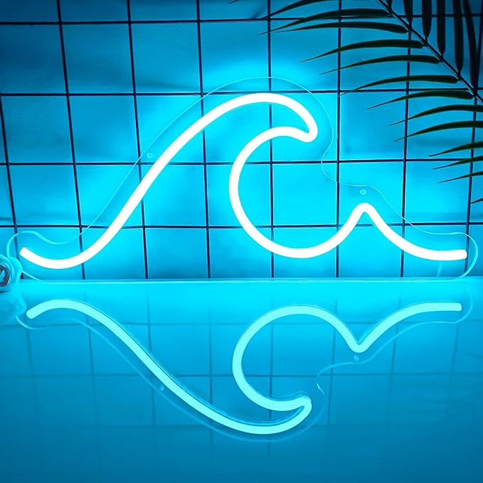 Wave Neon Sign Dimmable Ice Blue LED Wall Light 16.5 x 7 Inch Ocean Neon Decor for Bedroom Office Bar
