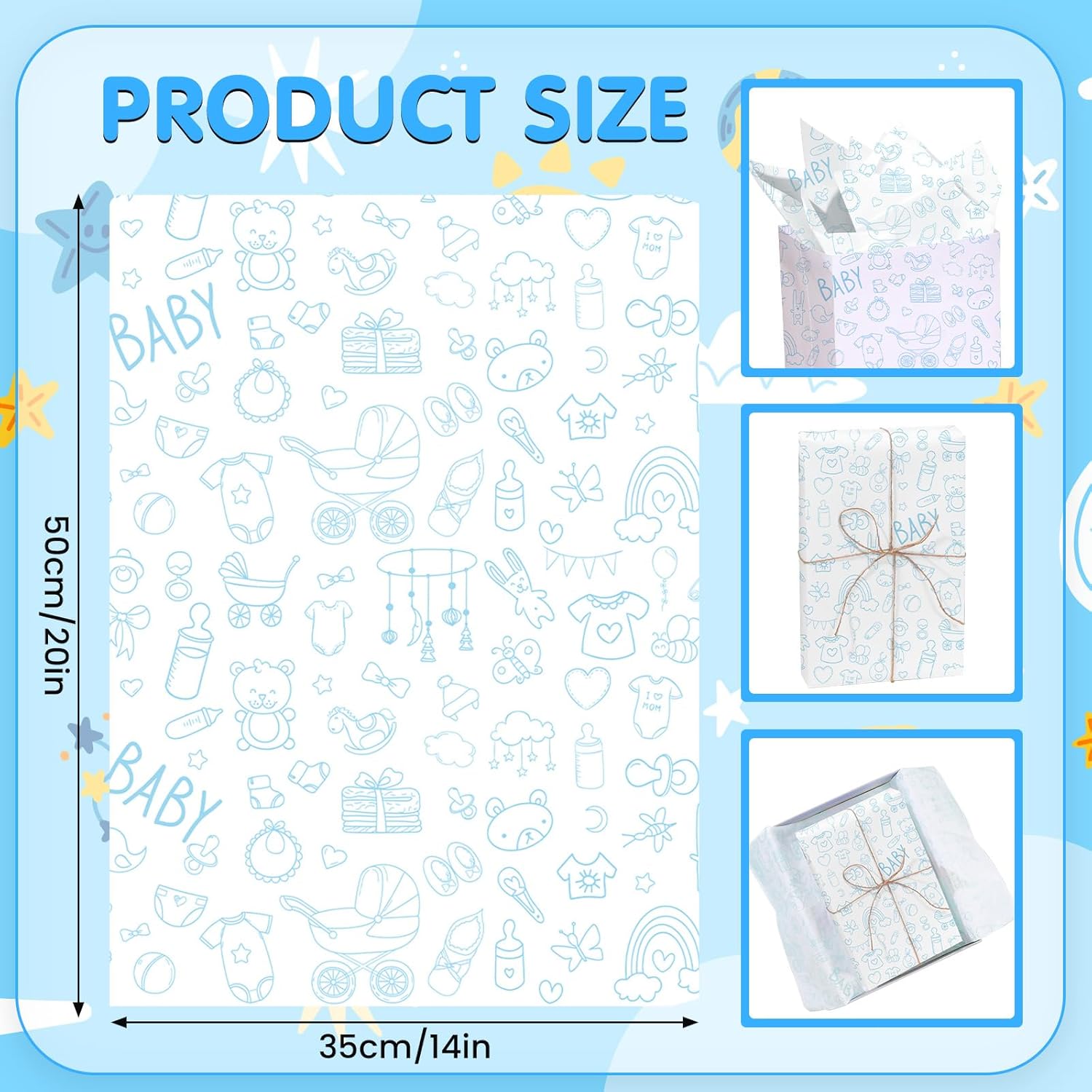 100 Sheets Blue Baby Shower Tissue Paper For Gift Bags Baby Boy Wrapping Paper,Party Decor,Diaper Raffle,20"X14"