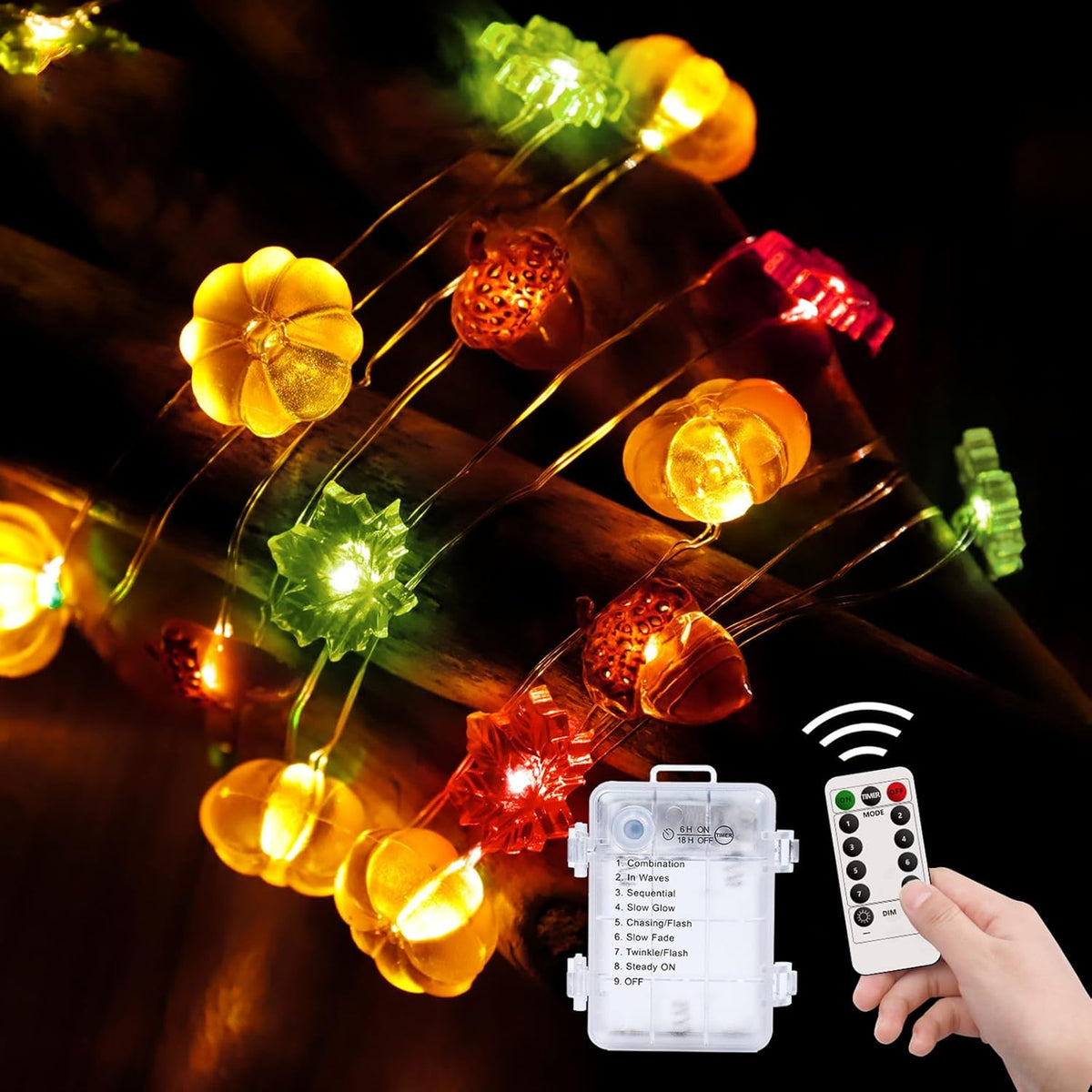 Thanksgiving Decoration 10Ft 30 Led 3D Pumpkin Maple Acorn Leaf String Lights Battery Operated Remote Timer Orange Fall
