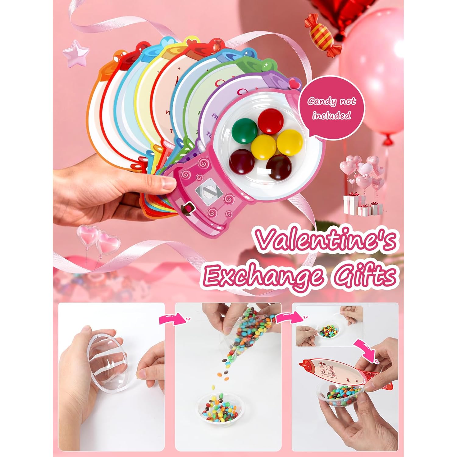 Valentines Cards For Kids Classroom, 36 Pack Valentines Day Cards With Bubble Gum Machine Design And Round Adhesive Shaker Pouches, Valentine Gifts Exchange For Boys Girls School Party Favors