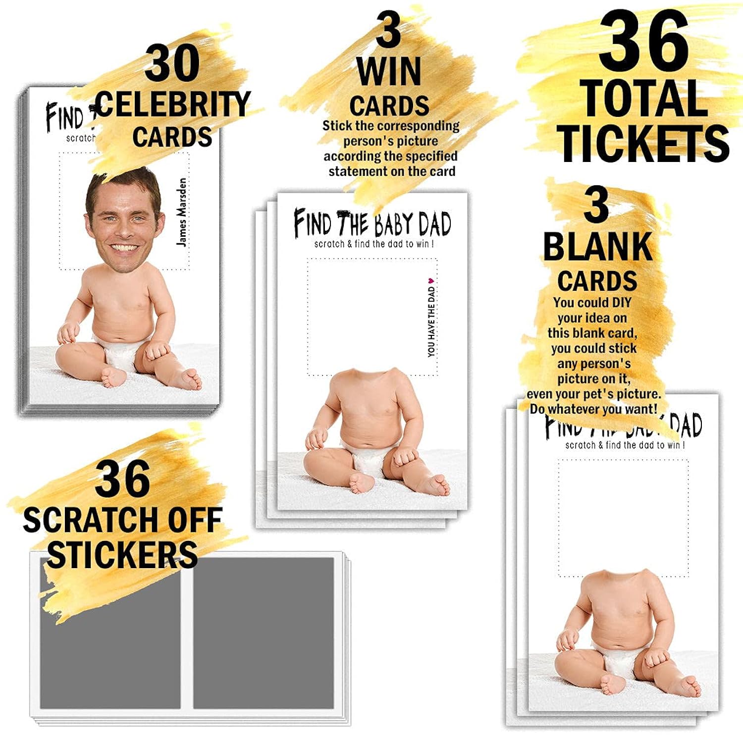 Baby Shower Games – Find The Baby Dad Scratch Off Celebrity Cards, Gender Reveal Party Games Supplies – 36 Cards(Ba01-Bair)