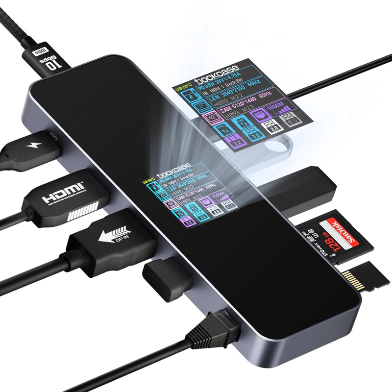 DOCKCASE Visual Smart USB C Hub (10-in-1) with 4K@60Hz HDMI and DP, Gigabit Et