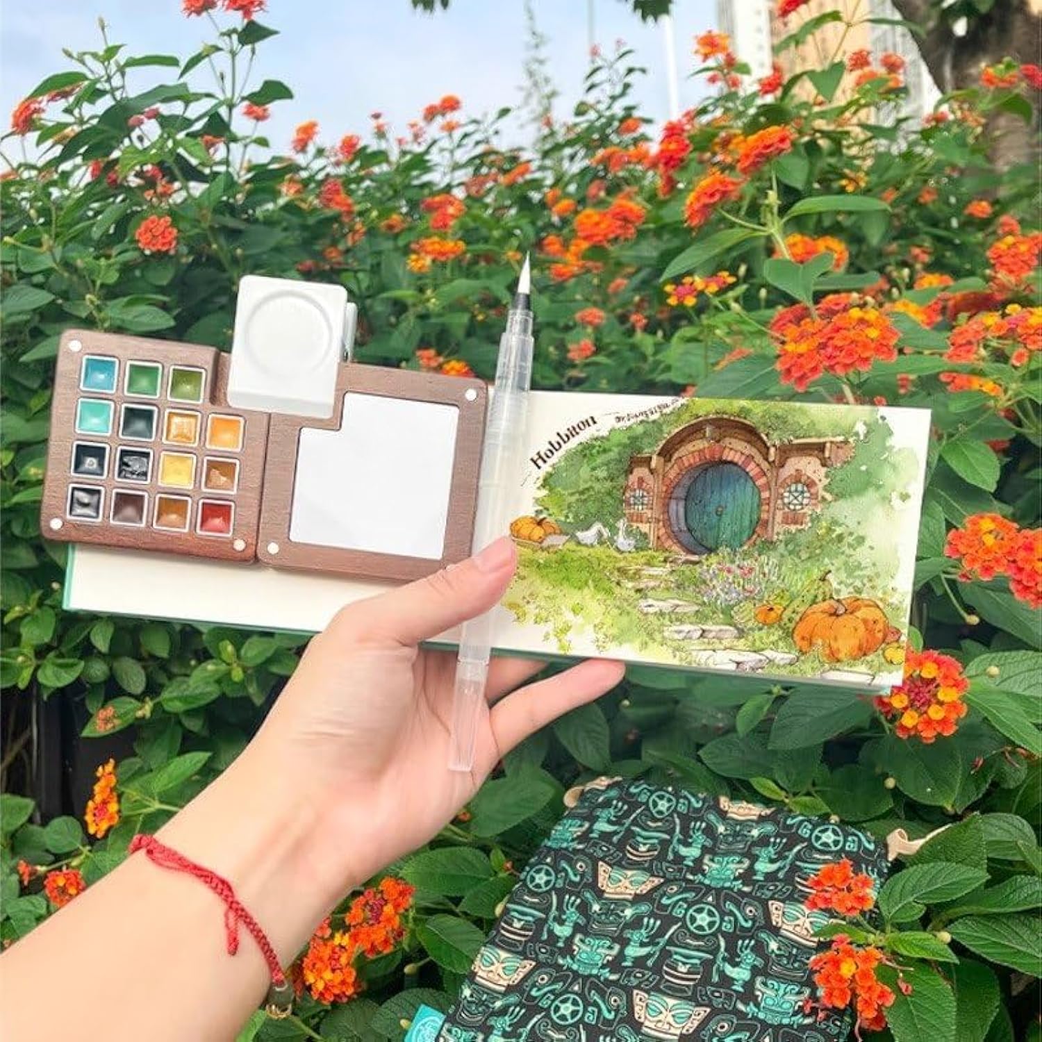 Mini Watercolor Paint Set Of 28Pcs, 15 Grid Wooden Palettes Pocket Watercolor Kit With Paint, Brush, Sketchbook & Copper Clip, Watercolor Travel Kit For Kids Adults Beginners(15 Grid Wood)