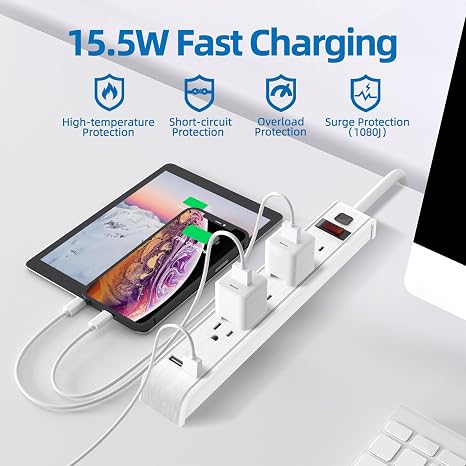 6 Outlet Surge Protector Power Strip 2 USB Ports 4FT Cord 600J Wall Mount