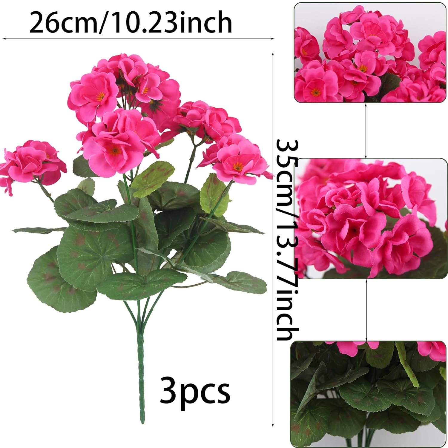 3 Pcs Artificial Geraniums Flowers Silk Geraniums For Outdoors Uv Resistant Rose Red Artificial Geranium Bush Faux Flowers Plant For Planter Garden Home Decor Patio Vase Table Centerpiece