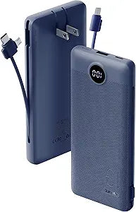 10000mAh USB C Power Bank with Built In Cables AC Wall Plug Portable Charger Navy