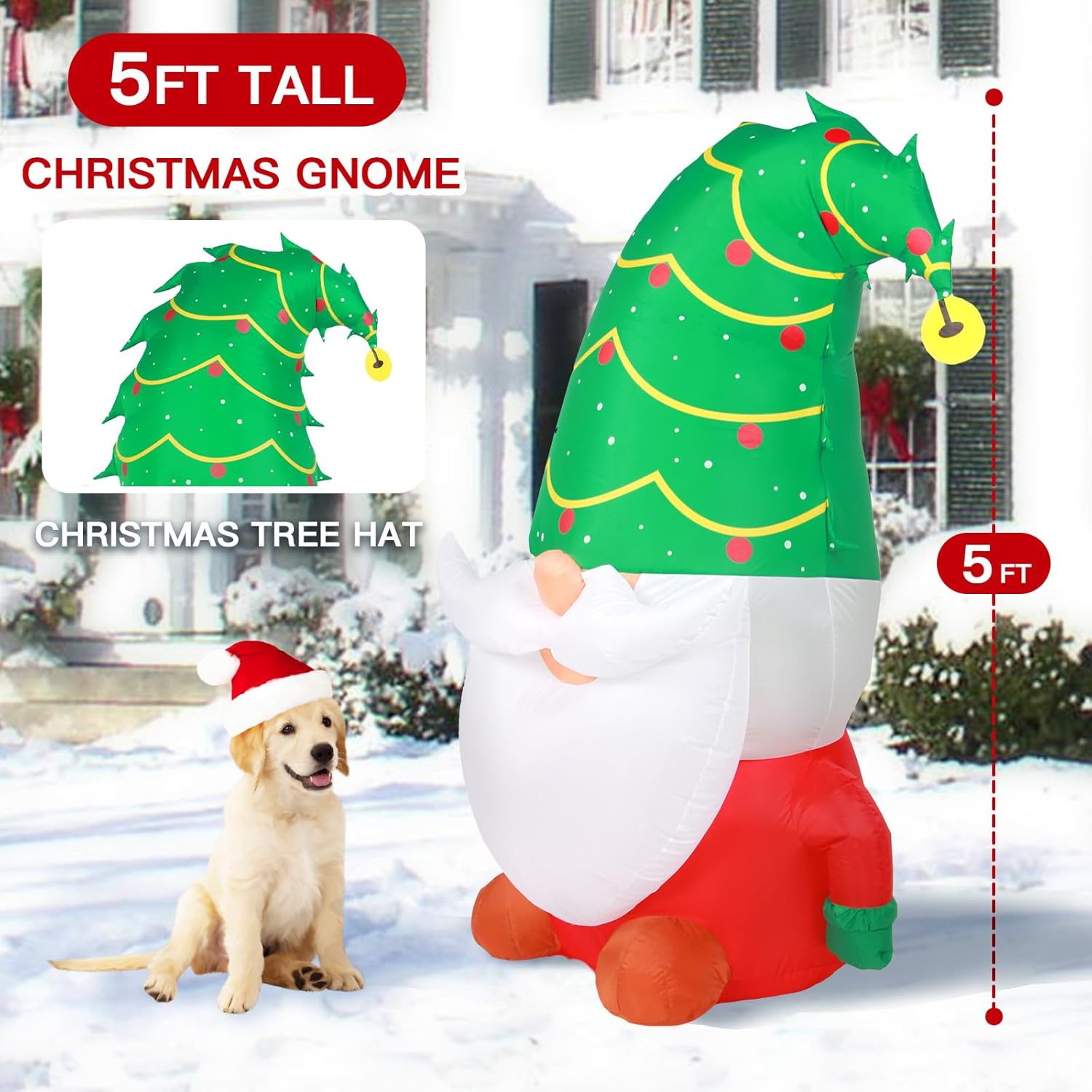 5 Ft Christmas Inflatable Outdoor Decorations, Inflatables Christmas Gnome Yard Decor With Christmas Tree Hat, Built-In