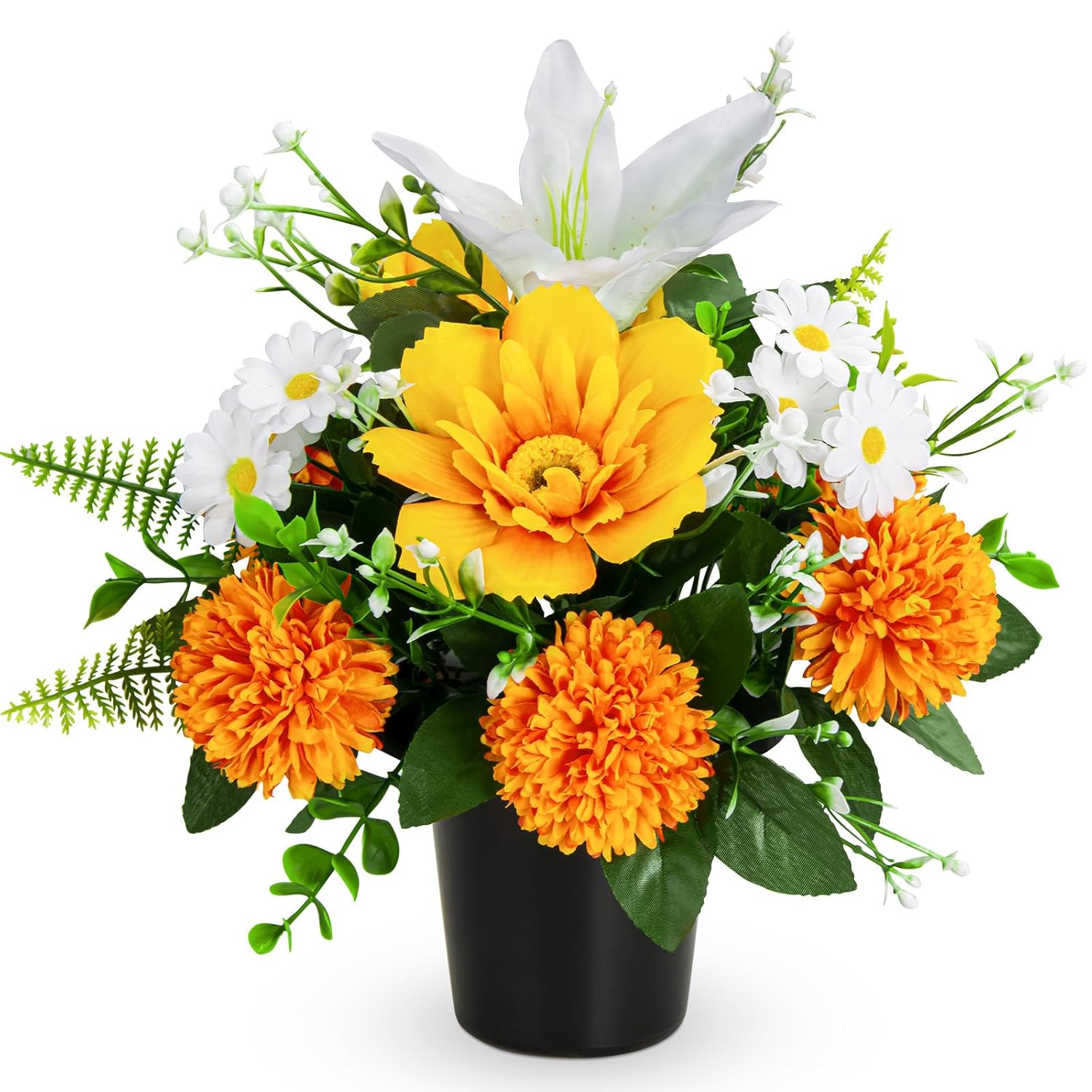 Artificial Grave Flowers In Pots, Potted Artificial Chrysanthmums Lily Daisy Flowers For Home Decor, Outdoor Cemetery Funeral Grave Decoration (1Piece, Orange&White)
