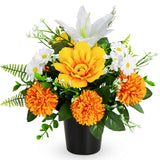 Artificial Grave Flowers In Pots, Potted Artificial Chrysanthmums Lily Daisy Flowers For Home Decor, Outdoor Cemetery Funeral Grave Decoration (1Piece, Orange&White)