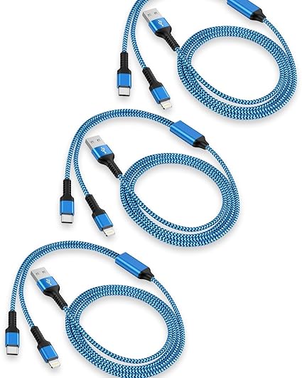 3 Pack 4FT 2 in 1 USB A to Lightning USB C Fast Charging Cable for iPhone Android