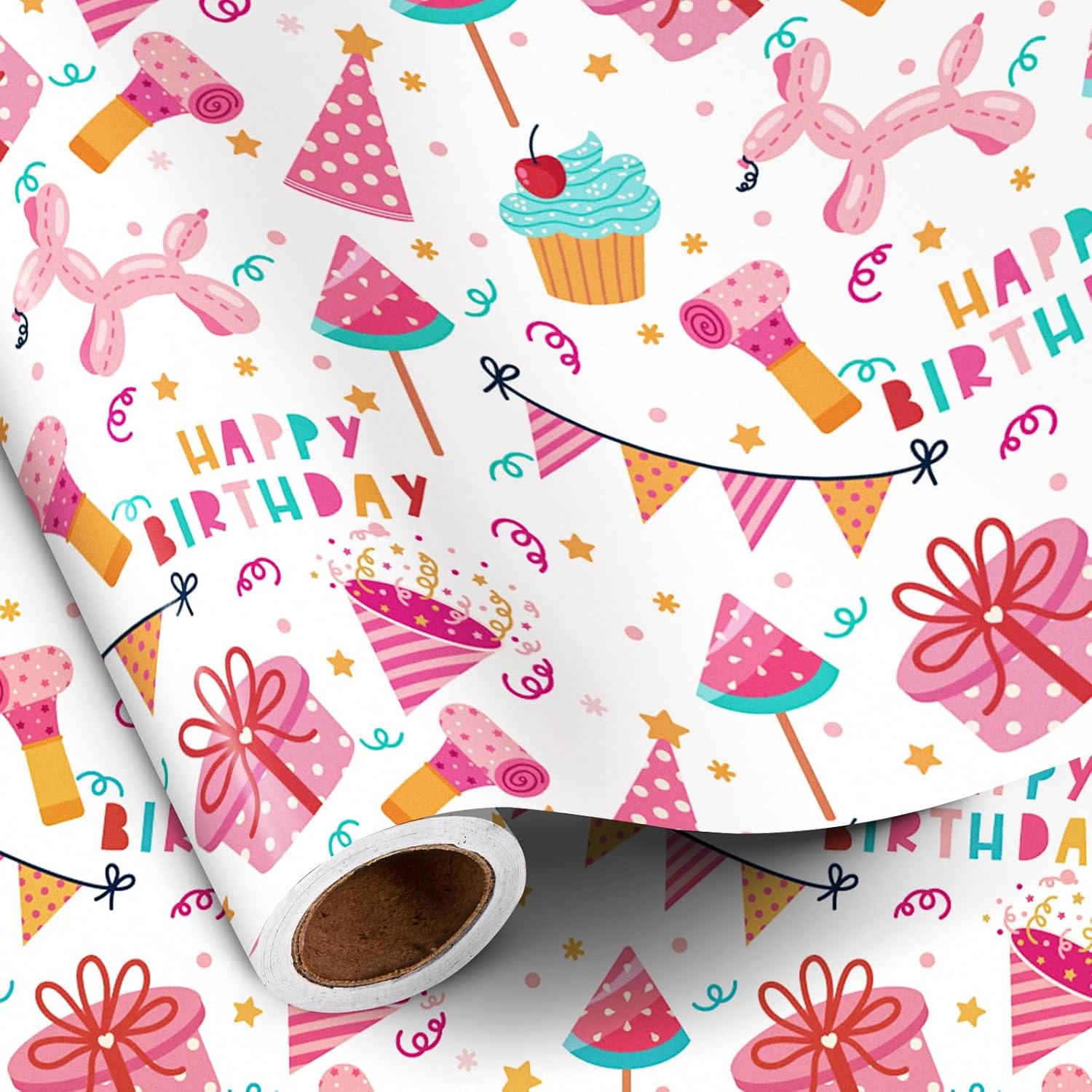 Birthday Wrapping Paper Roll For Girls, Mini Roll, Pink Balloon Dog, Gift Box And Party Hat Design Gift Wrap With Happy Birthday Text For Kids' Party Celebrations, 17 Inches X 16.4 Feet