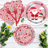 Christmas Gingerbread Man Santa Claus Pink Tableware Set 96 Pcs Disposable Plates Napkins Forks Candy Cane Snowman Pattern Santa Merry Christmas Party Decorations Serve 24 Guests