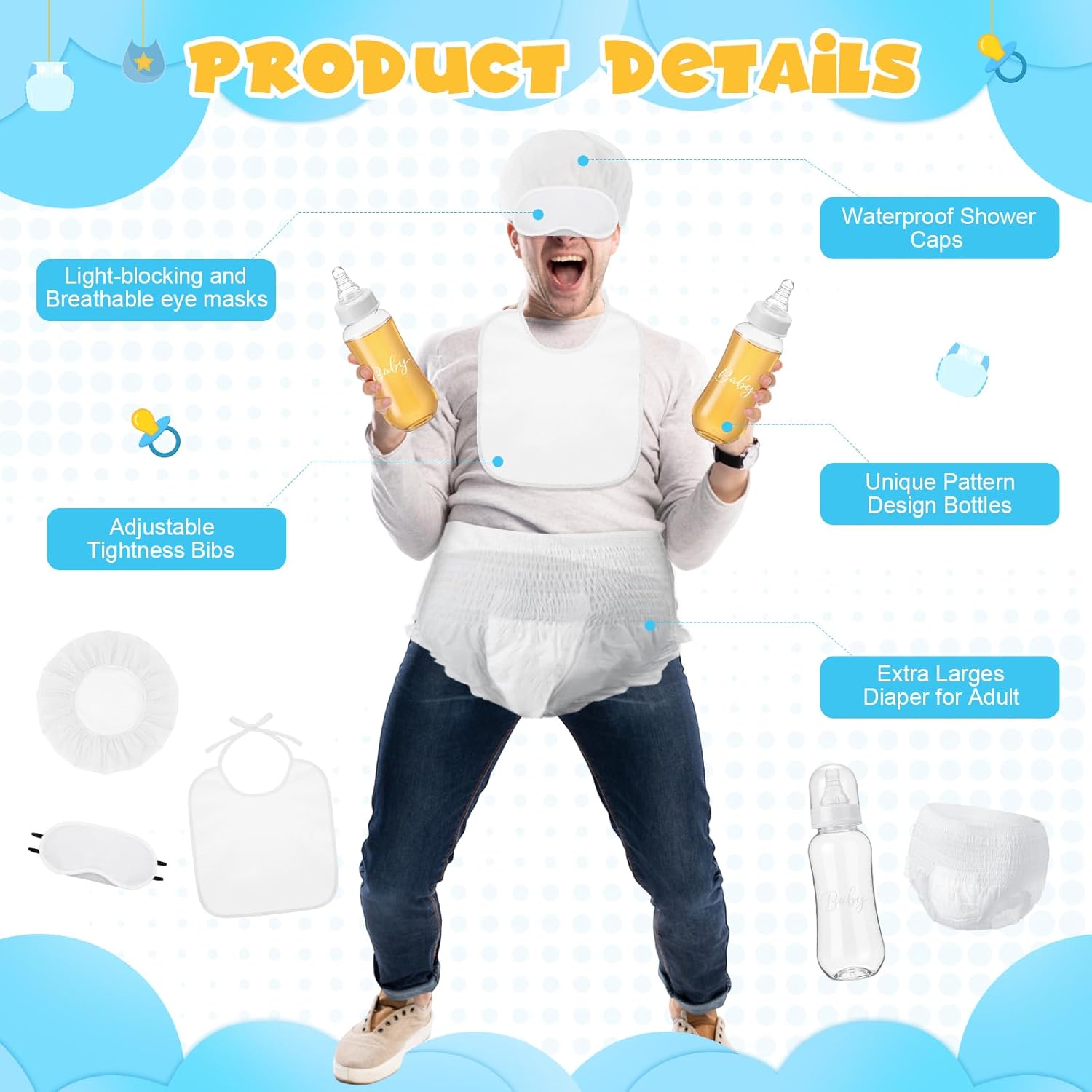 6 Sets Bottle Chug Baby Shower Blind Games Juegos Para Include Plastic Bottles Bibs Hat Eye Mask Disposable Diapers Blindfolded Baby Shower Bottle Games Gender Reveal Decoration (White)