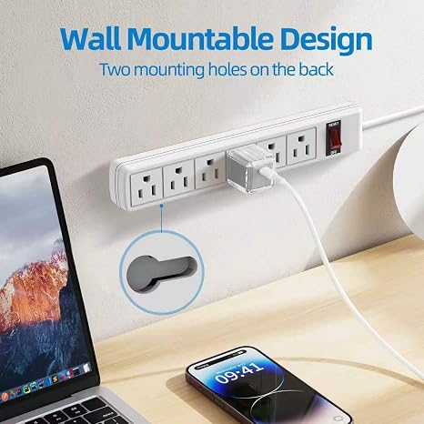 6 Outlet Power Strip Surge Protector with 5 Feet Extension Cord and 600 Joules Protection