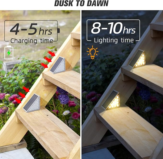 6 Pack Warm White Solar Step Lights IP67 Waterproof Auto On Off Outdoor Stair Lights