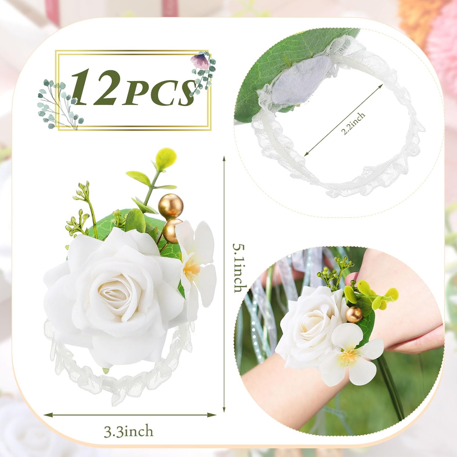 Set Of 12 Rose Wrist Corsages For Wedding Corsage Flower Wristlet Floral Wedding Wrist Bridal Rose Leaf Hand Flowers For Bride Bridesmaid Prom Engagement Festival(Pink)
