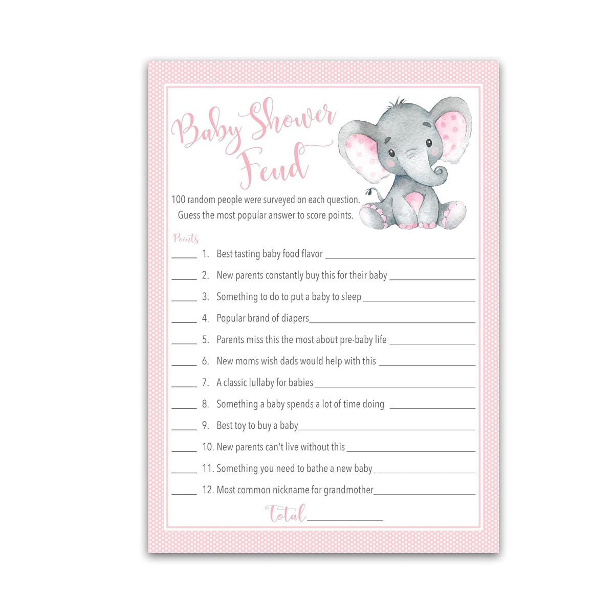Girl Baby Shower Feud Game — Pack Of 25 — Fun Shower Family Feud Games, Pink Elephant Baby Shower Activity, Little Peanut Baby Shower Fued Games, Couples Shower G500-Bsf1
