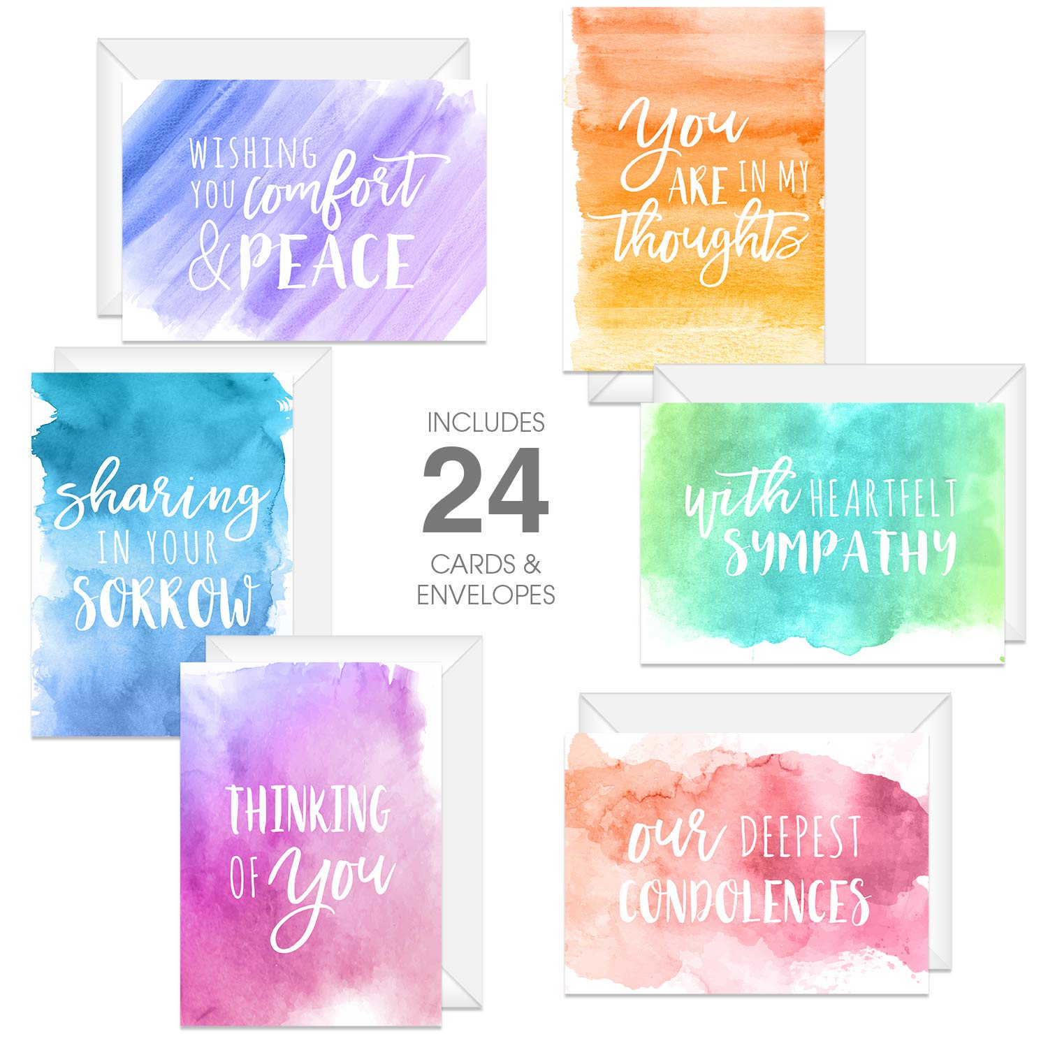Watercolor Sympathy Cards / 24 Comfort And Peace Note Cards / 6 Colorful Designs With Blank White Envelopes / 4 5/8" X 6 1/4" Thinking Of You Greeting Cards