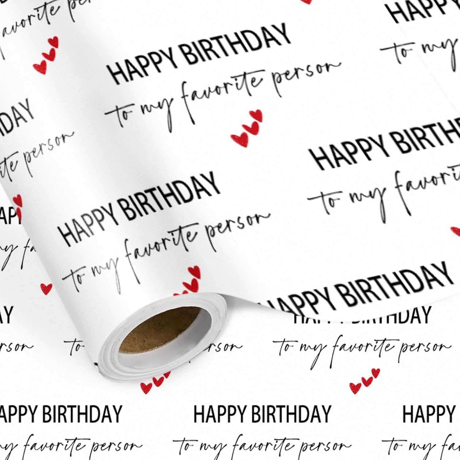 Birthday Wrapping Paper Roll, “Happy Birthday To My Favorite Person” Design With Red Hearts, Cute Minimalist Gift Wrap For Adults, Friends & Loved Ones, Mini Roll 17 In × 16.4 Ft
