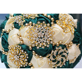 Emerald Green And Ivory Bridal Wedding Bouquet With Gold Brooch Rhinestone Pearl Satin Rose Flower Bouquet For Bride Bridesmaid Quinceanera Wedding Emerald Green And Ivory 7.1In