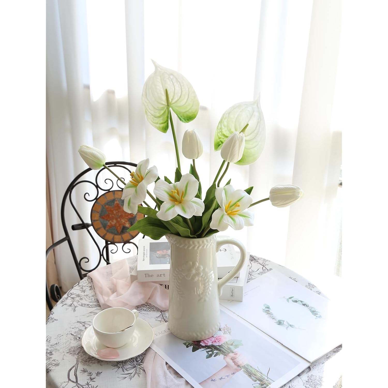 White Fake Tulips Flowers Real Touch Pu Anthurium Artificial Flowers Realistic Faux Combo Bouquet For Wedding Floral Arrangements Valentines Day Mother'S Day Easter Spring Decor(White)