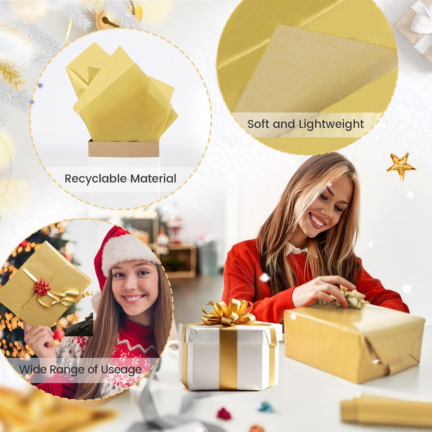 Gold Tissue Paper For Gift Bags - 30 Sheets Of Gold Wrapping Tissue Paper Bulk Packaging Paper For Weddings Birthday Diy Project Christmas Gift Wrapping Crafts Decor (14 X 20 Inch)