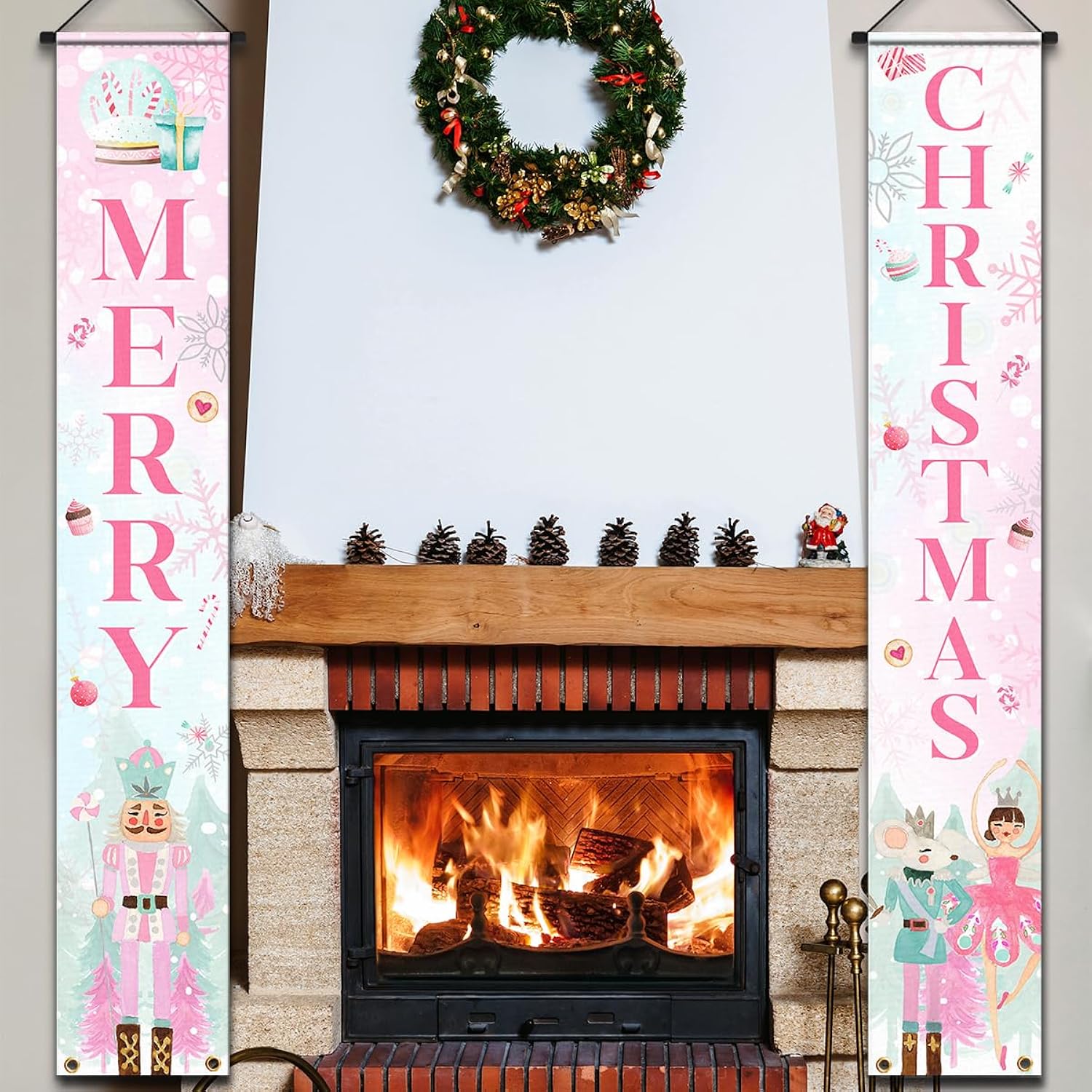 Nut-Cracker Christmas Porch Sign Banner Decoration,Merry Christmas Supplies Pink Christmas Nut-Cracker Door Hanging Banner For 2023 Winter Xmas Front Door Welcome Decoration