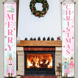 Nut-Cracker Christmas Porch Sign Banner Decoration,Merry Christmas Supplies Pink Christmas Nut-Cracker Door Hanging Banner For 2023 Winter Xmas Front Door Welcome Decoration