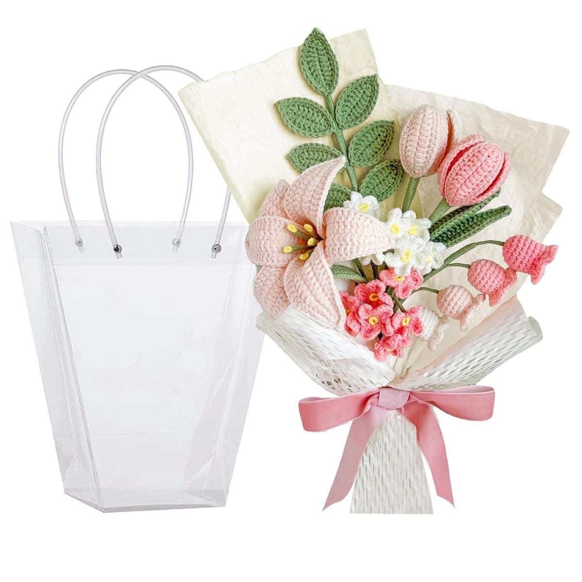 Handmade Crochet Rosetulip Lily As A Gift For Lover, Family,Friends. Crochet Bouquet, Crocheted Yarn Flowers, Artificial Flower Finished Bouquet (Pink).