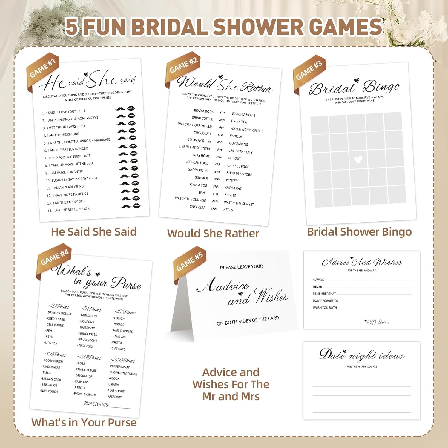 Bridal Shower Games-Heavy Cardstock,5 Fun Activities For 32 Guests, Includes Bingo,He Said She Said, Would She Rather,Whats In Your Purse,Advice And Wishes For The Mr And Mrs(Minimalist)