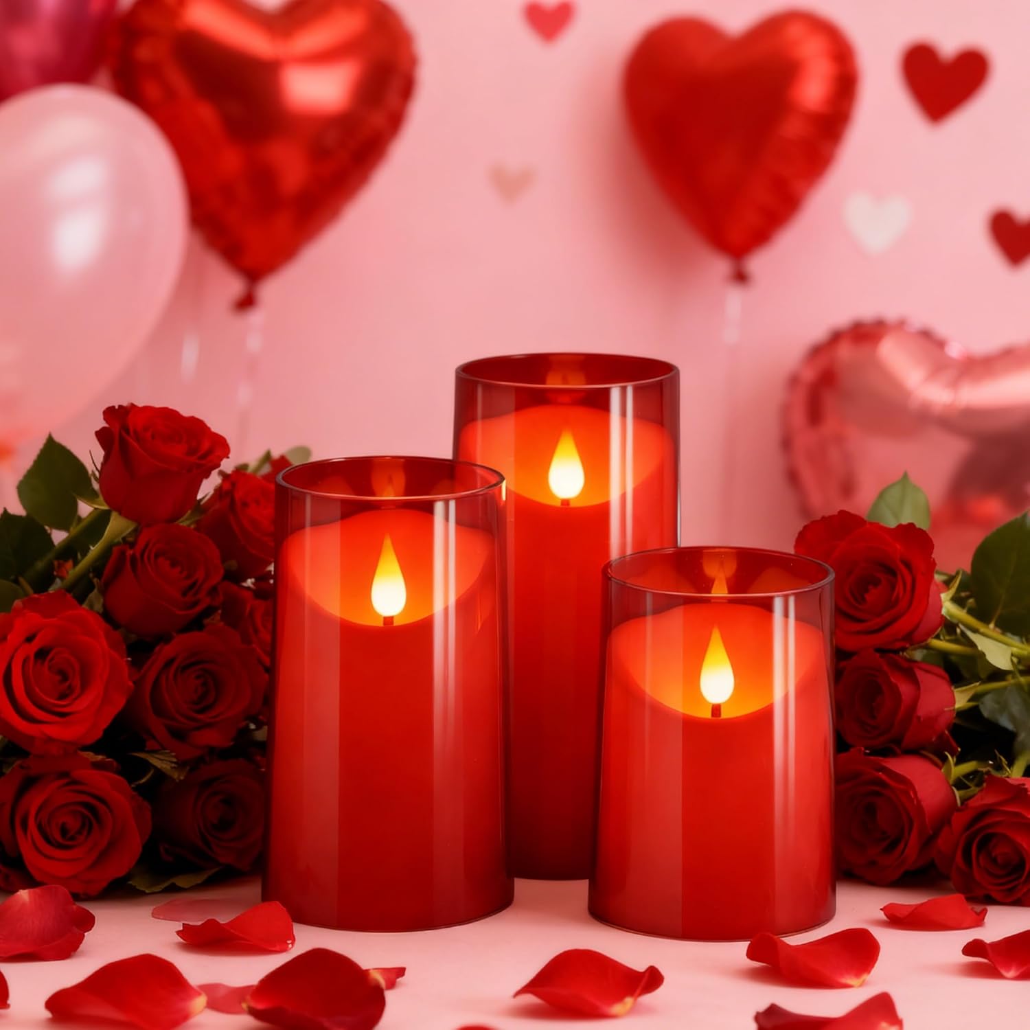 Flameless Candles With Remote Timer: 3D Wick Battery Operated Led Pillar Fake Candle Set For Wedding Birthday Valentine'S Day Christmas Decorations - Red 3 Pack