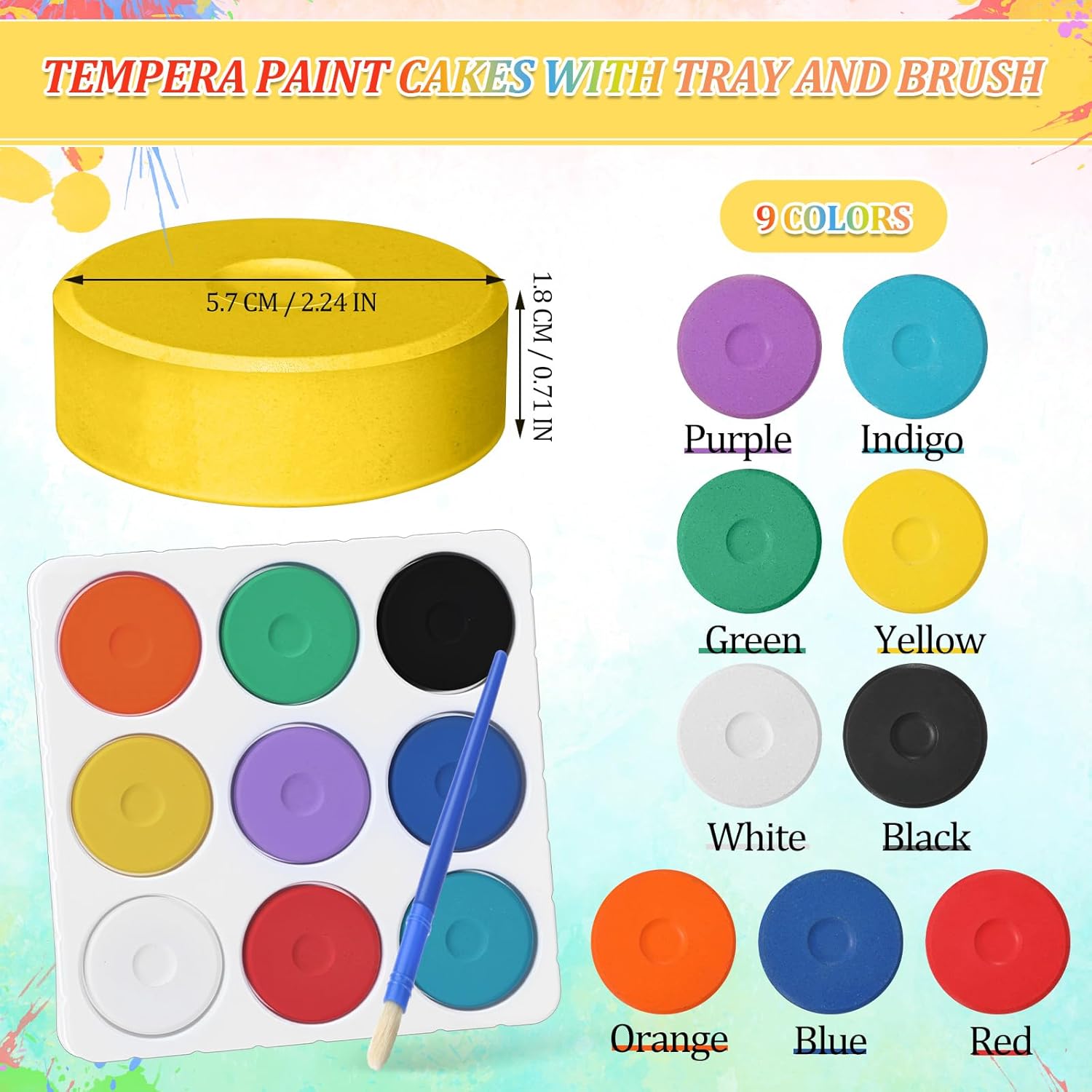 36 Pcs Tempera Paint Cakes With Tray 9 Colors 2.24 X 0.71 Inch Giant Tempera Paint Set Painting Cakes Tray Palette With Paintbrush Paints Blocks Adults Art Supplies Crafts Drawing Artists