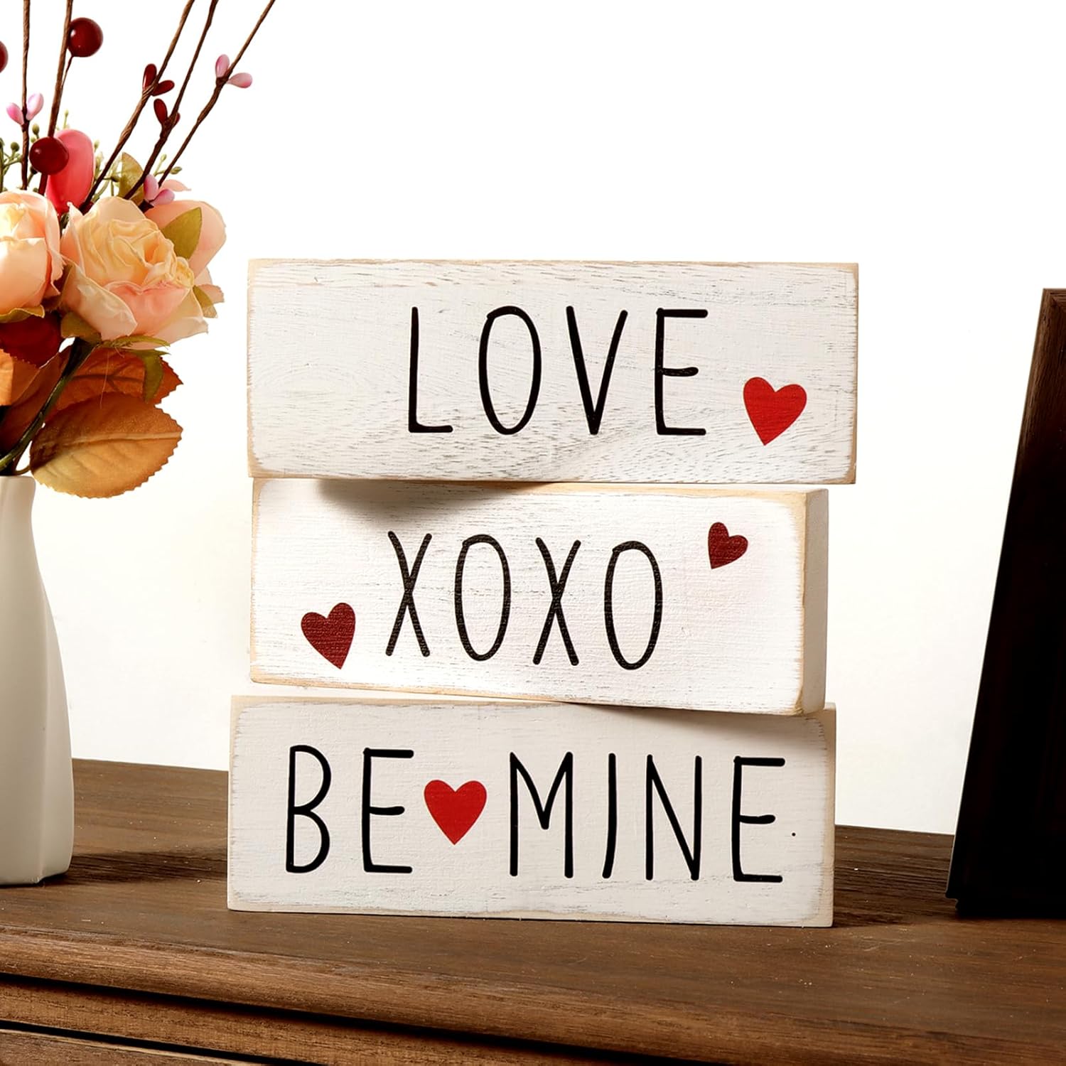 Valentines Day Decor, 3Pcs White Wooden Block Set Be Mine Xoxo Love Valentines Sign, Valentines Tiered Tray Decor For Table Kitchen Farmhouse Valentine Shamrock Faux Bundle Decor