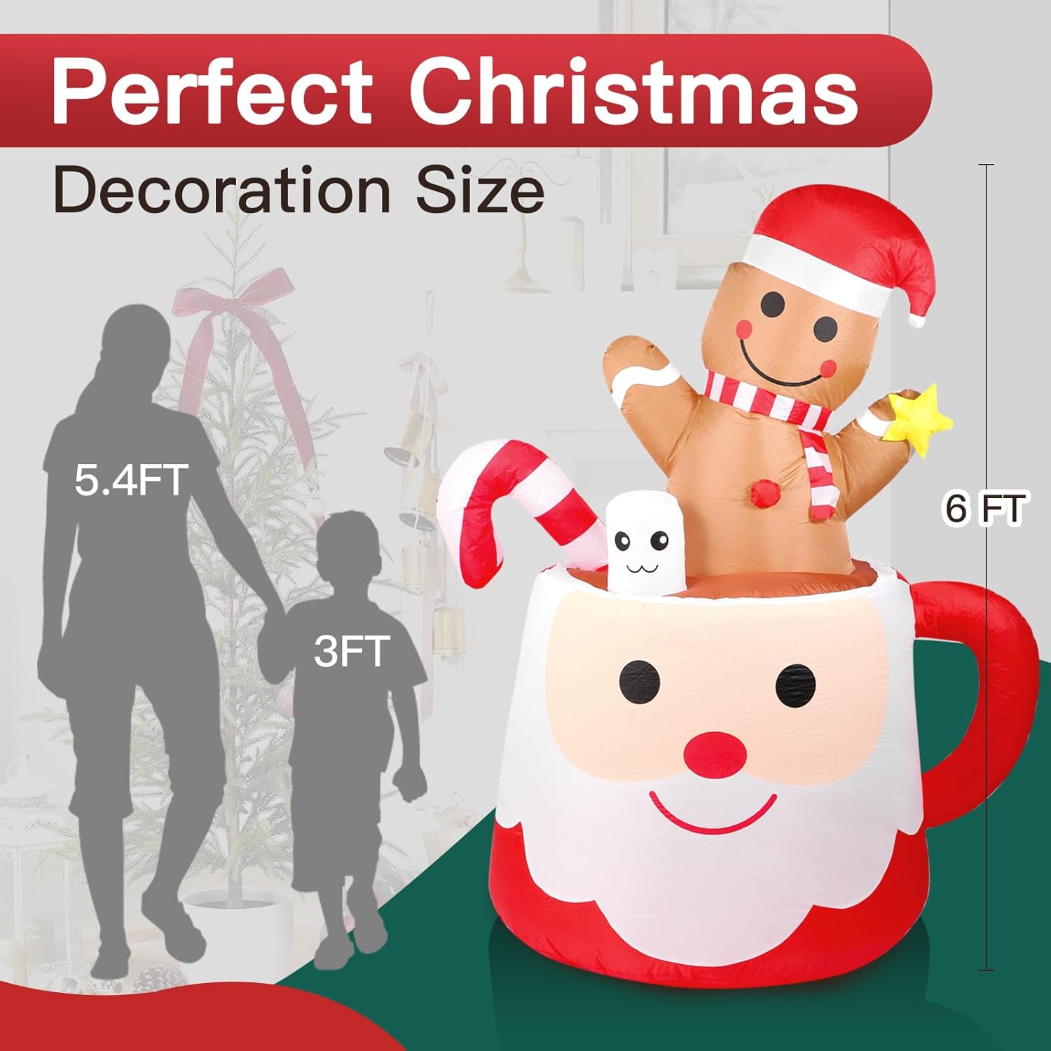 6Ft Gingerbread Christmas Inflatables Decorations Outdoor?Blow Up Christmas Decoration Gingerbread Man Mug With Built-In