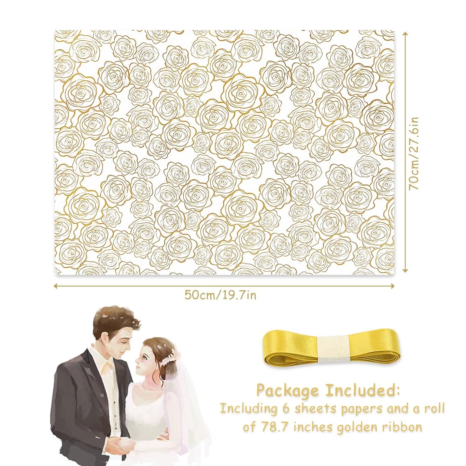 Gift Wrapping Paper, Golden Rose Pattern In White Art Paper With 1 Roll Gold Ribbon, For Weddings, Mother'S Day, Birthdays, Baby Showers, Bridal Showers, Valentine'S Day Or Any Occasion(6 Sheets)