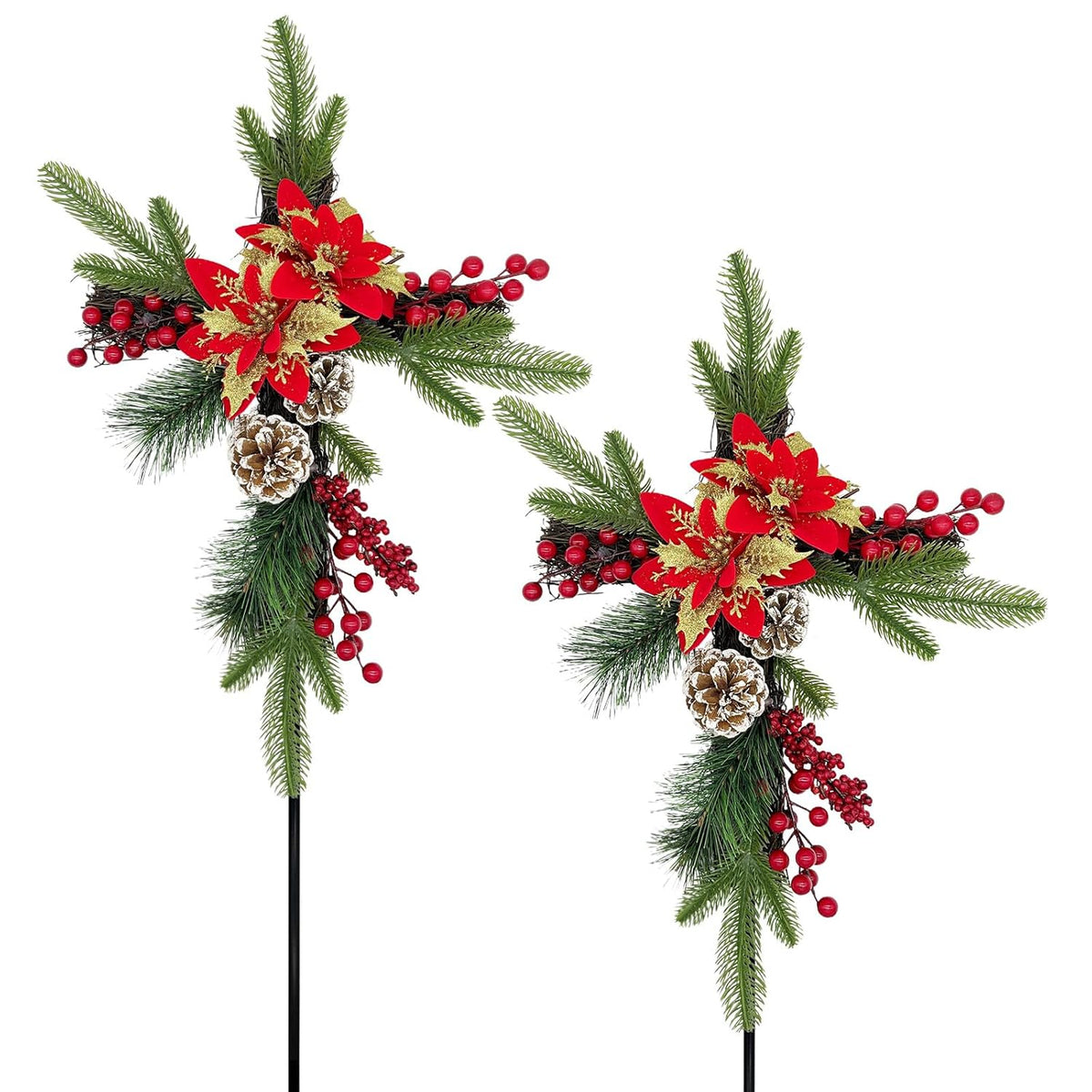 Christmas Cemetery Decorations For Grave 2 Pack Glitter Cemetery Flowers Cross Memorial Poinsettia Cross Stake Christmas Headstone Decor