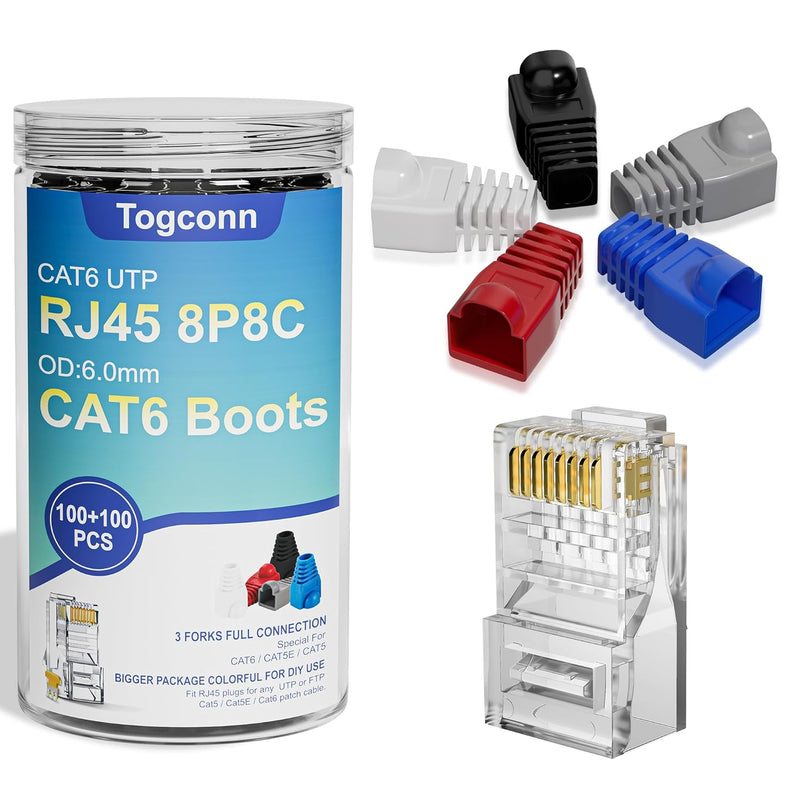 100 Pack Rj45 Cat6 Connectors And 100 Pack Strain Relief Boots, Multiple Color